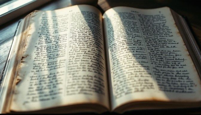 Öppen åldrad bok med tätt handskriven text och anteckningar