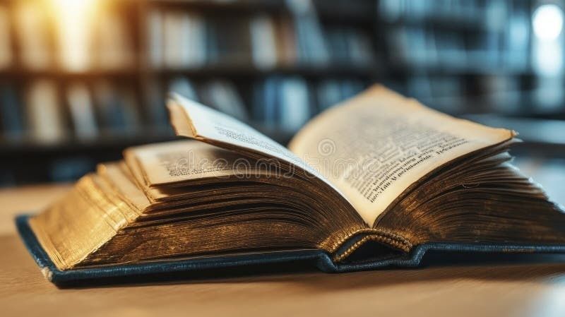 Sliten, uppslagen bok på ett träbord, belyst av varmt ljus